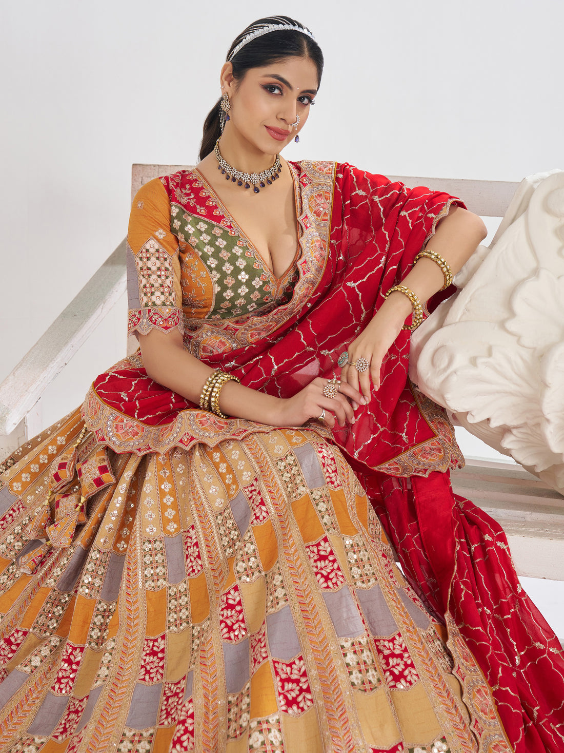Great Mustard Yellow Thread Work Dola Silk Bridesmaid Lehenga Choli