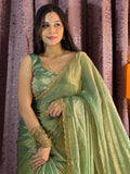Dazzling Green Beads Hand Work Silk Saree With Blouse