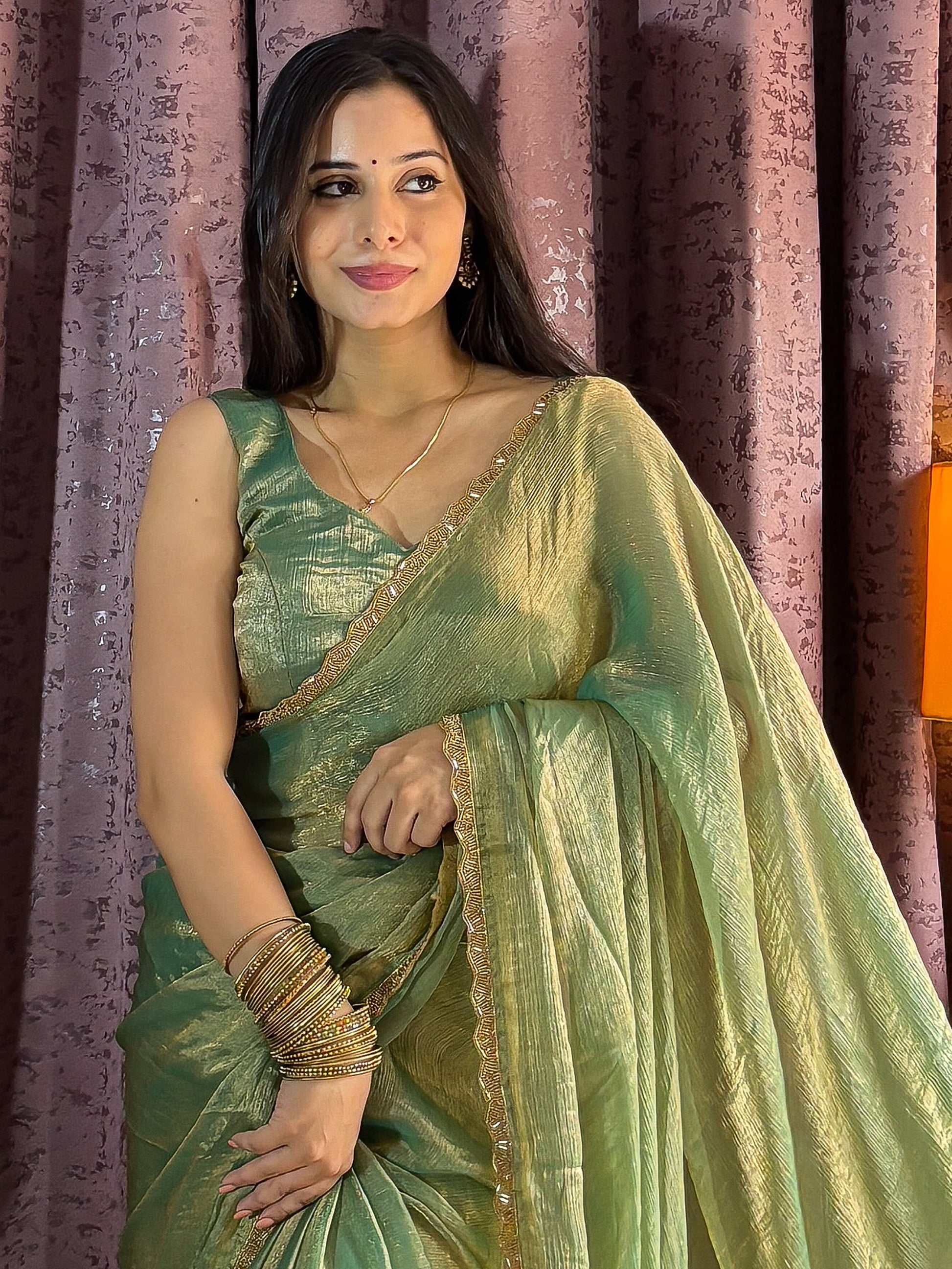 Dazzling Green Beads Hand Work Silk Saree With Blouse