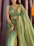 Dazzling Green Beads Hand Work Silk Saree With Blouse