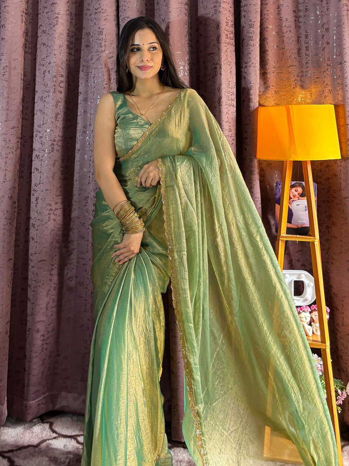Dazzling Green Beads Hand Work Silk Saree With Blouse