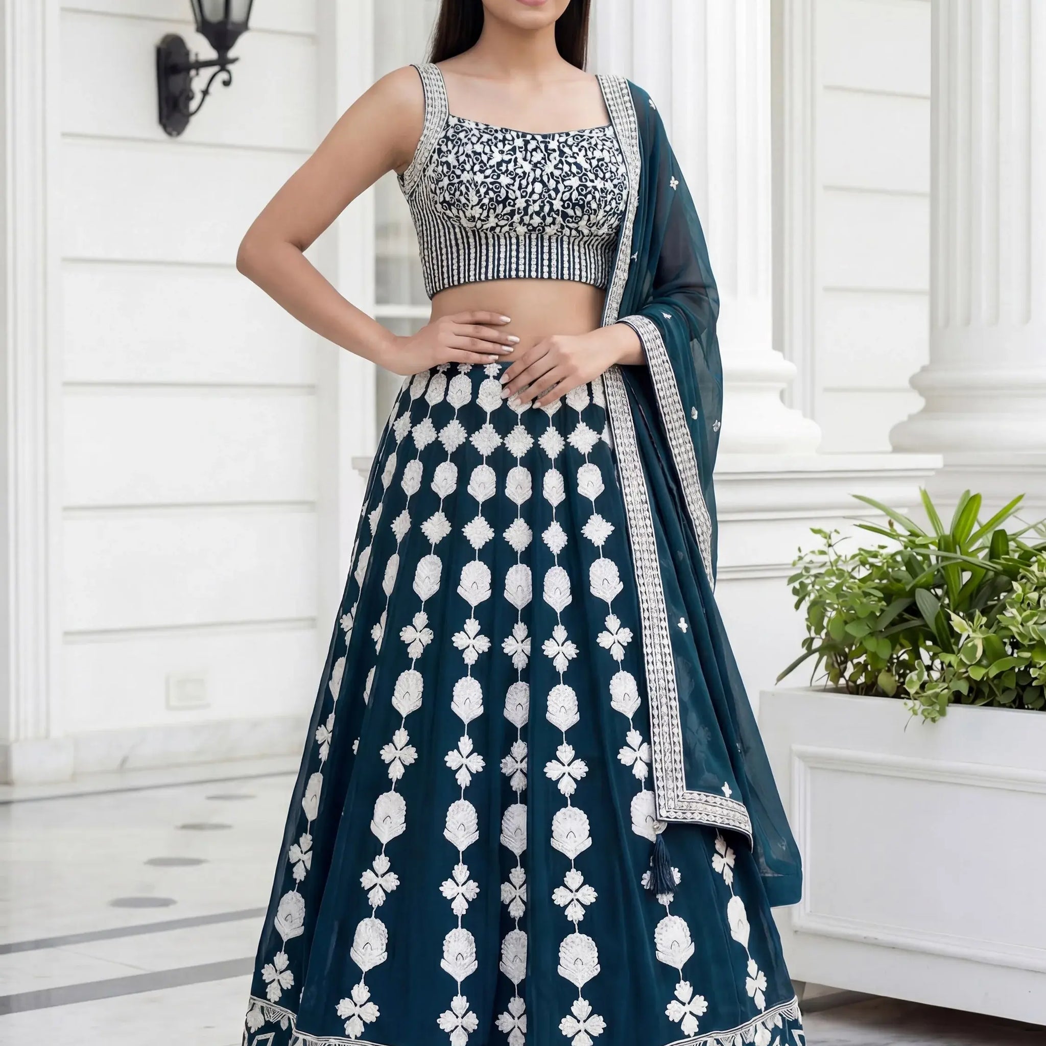 Lovely Green Thread Embroidered Georgette Mehendi Wear Lehenga Choli