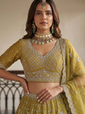 Sparkling Olive Green Embroidered Organza Wedding Wear Lehenga Choli With Dupatta