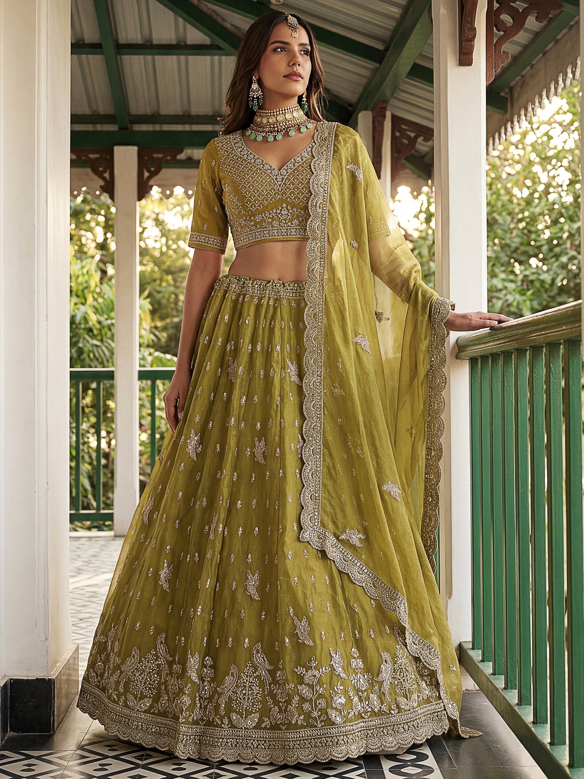 Sparkling Olive Green Embroidered Organza Wedding Wear Lehenga Choli With Dupatta