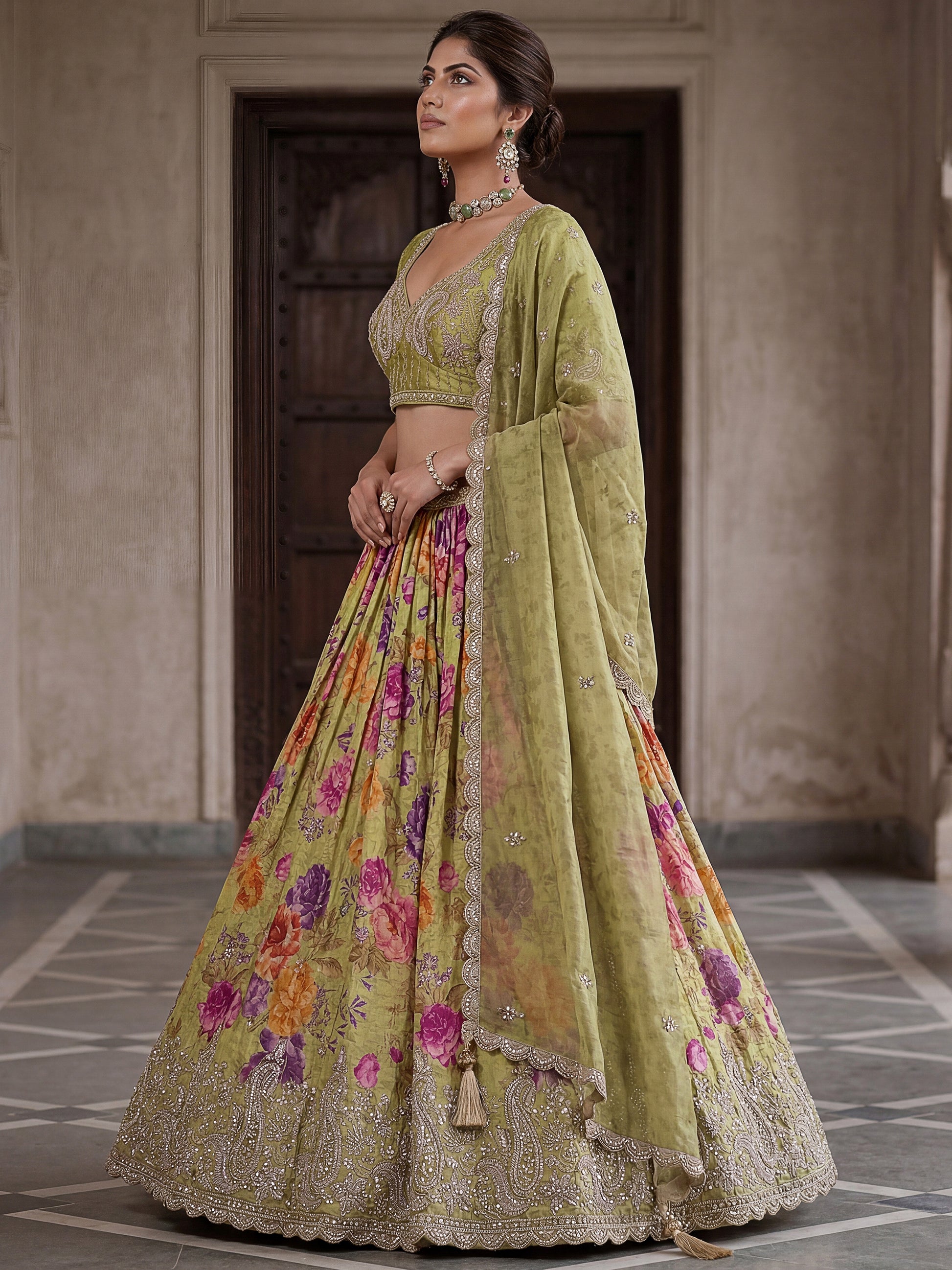Dazzling Green Embroidered Tissue Festive Wear Lehenga Choli With Dupatta