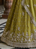 Sparkling Olive Green Embroidered Organza Wedding Wear Lehenga Choli With Dupatta