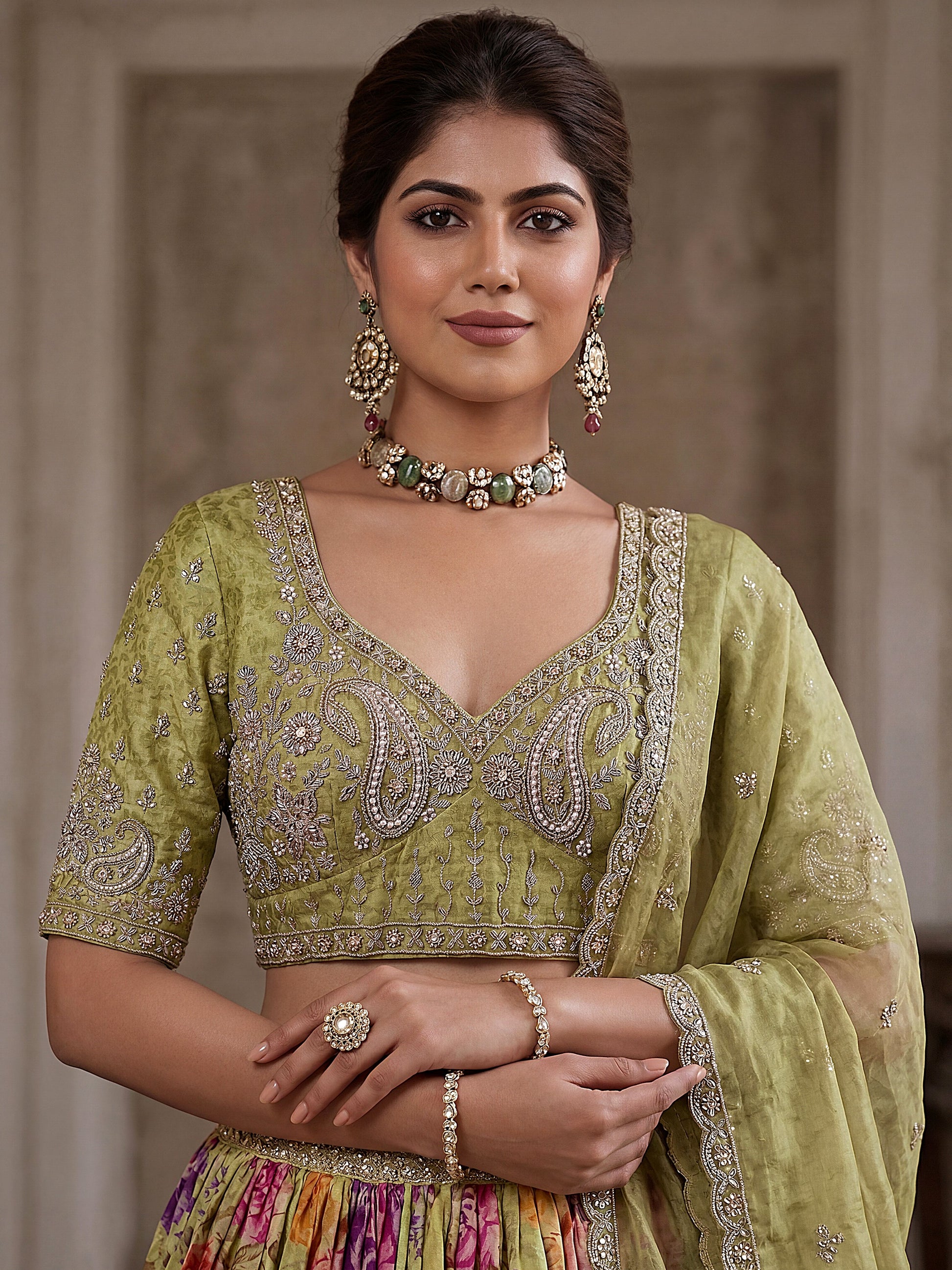 Dazzling Green Embroidered Tissue Festive Wear Lehenga Choli With Dupatta