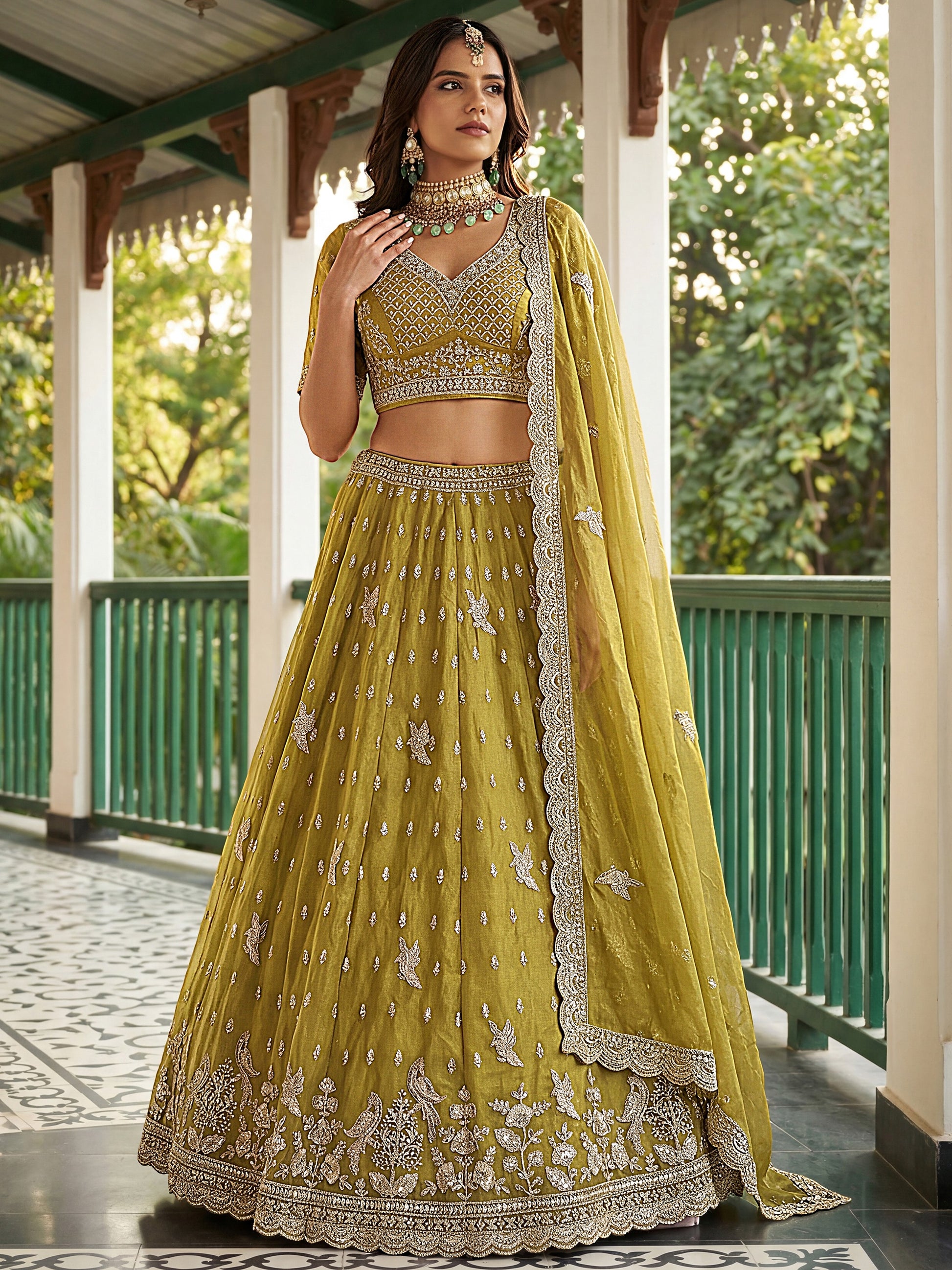 Sparkling Olive Green Embroidered Organza Wedding Wear Lehenga Choli With Dupatta