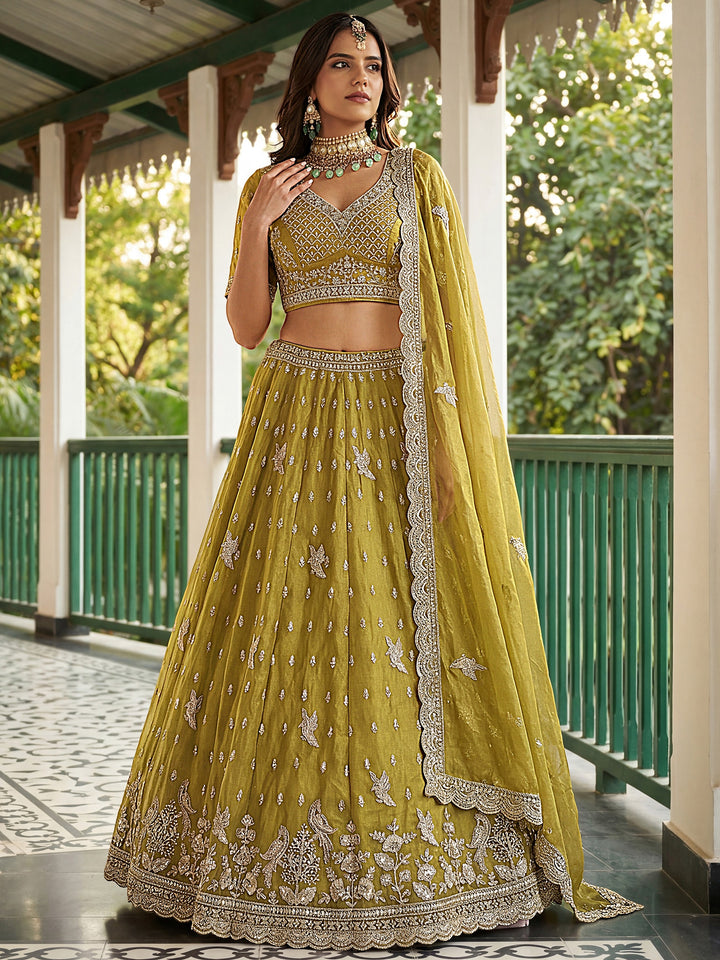 Sparkling Olive Green Embroidered Organza Wedding Wear Lehenga Choli With Dupatta