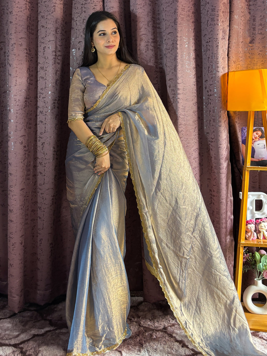 Tantalizing Grey Fendi Silk Two Tone Saree With Blouse