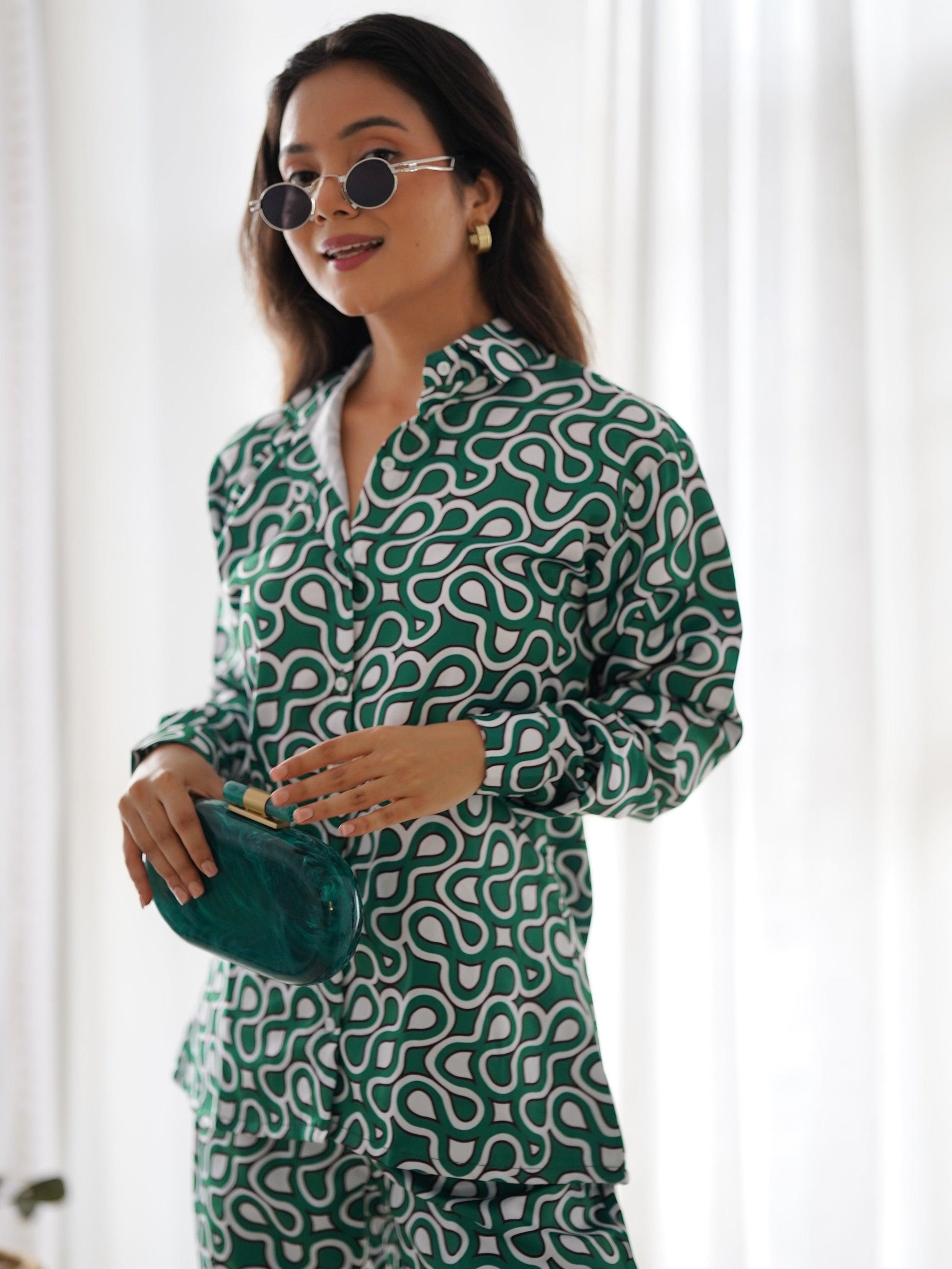 Captivating Green Digital Printed Satin Event Wear Co-Ord Set