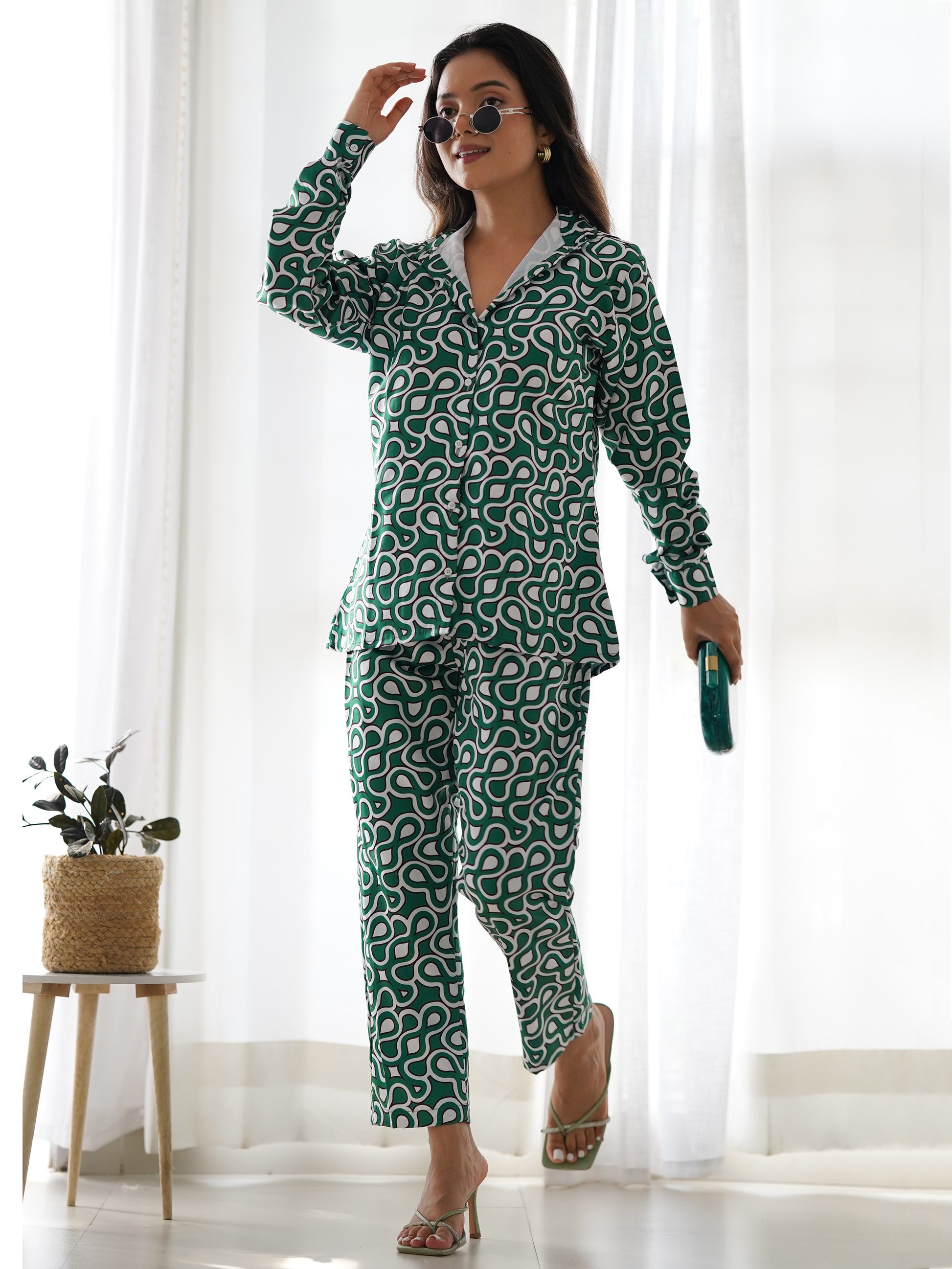 Captivating Green Digital Printed Satin Event Wear Co-Ord Set