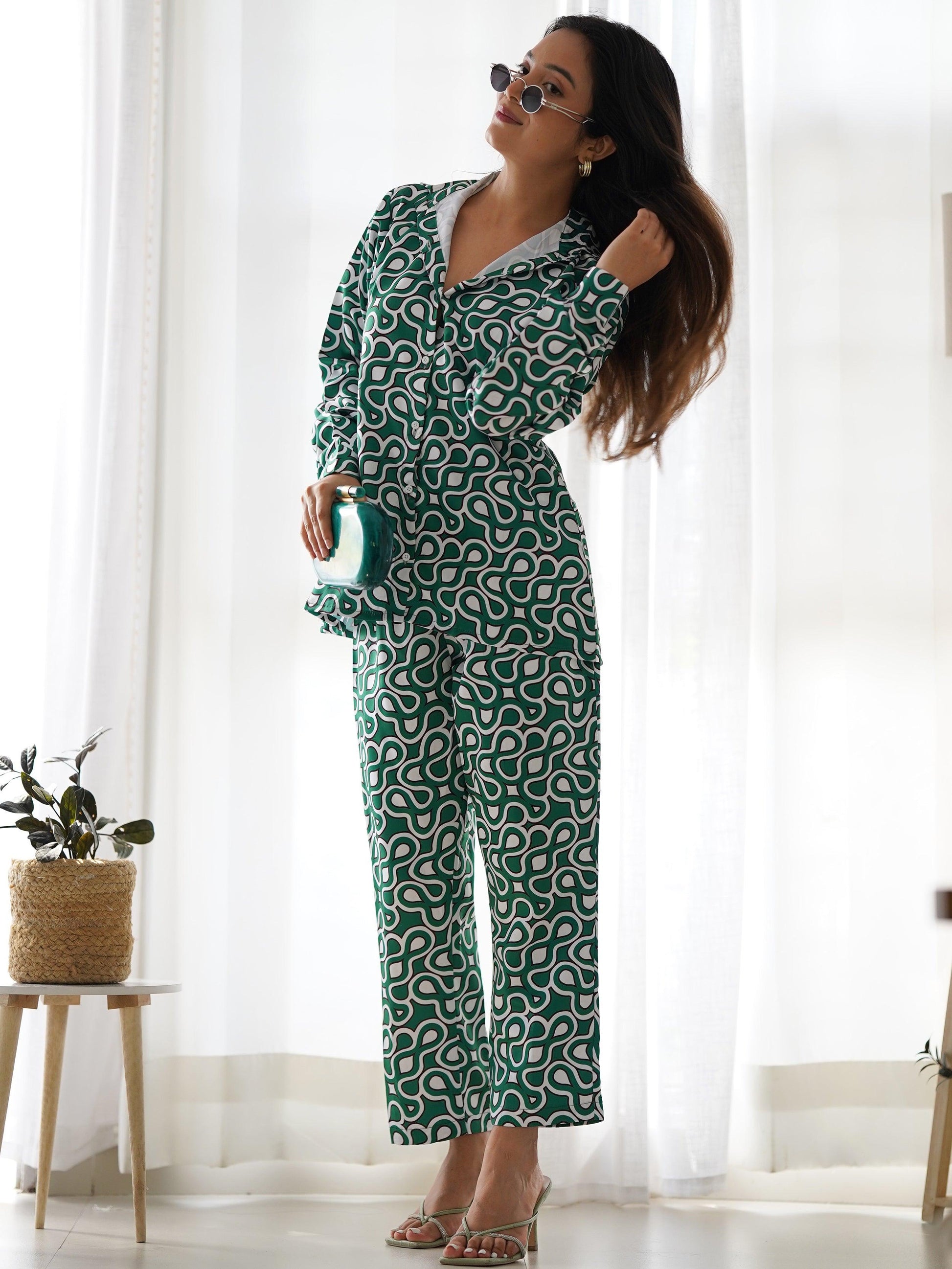 Captivating Green Digital Printed Satin Event Wear Co-Ord Set