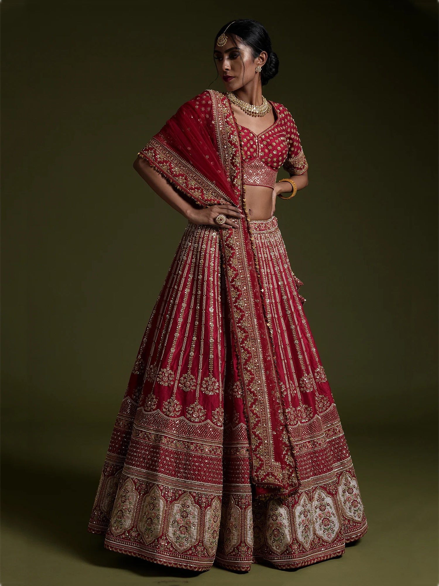 Glamorous Red Sequins Silk Wedding Lehenga Choli With Dupatta