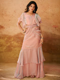 Attractive Baby Pink Organza Party Wear Ruffles Saree With Blouse