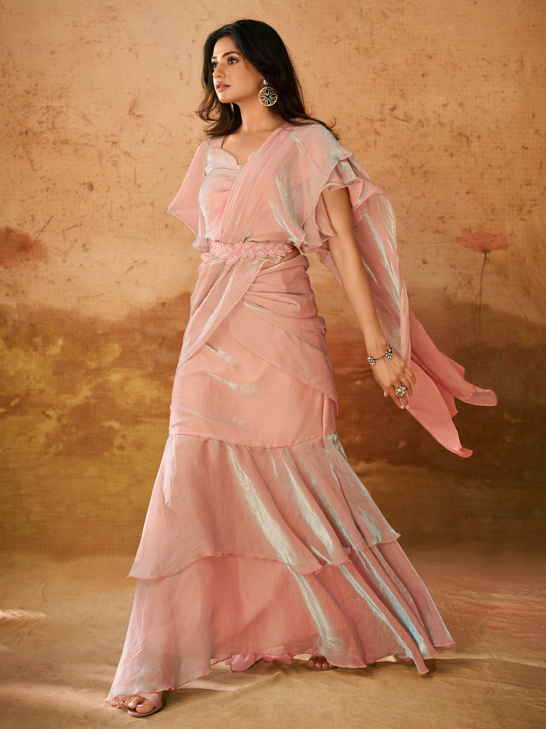 Attractive Baby Pink Organza Party Wear Ruffles Saree With Blouse