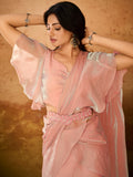 Attractive Baby Pink Organza Party Wear Ruffles Saree With Blouse