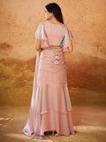 Attractive Baby Pink Organza Party Wear Ruffles Saree With Blouse