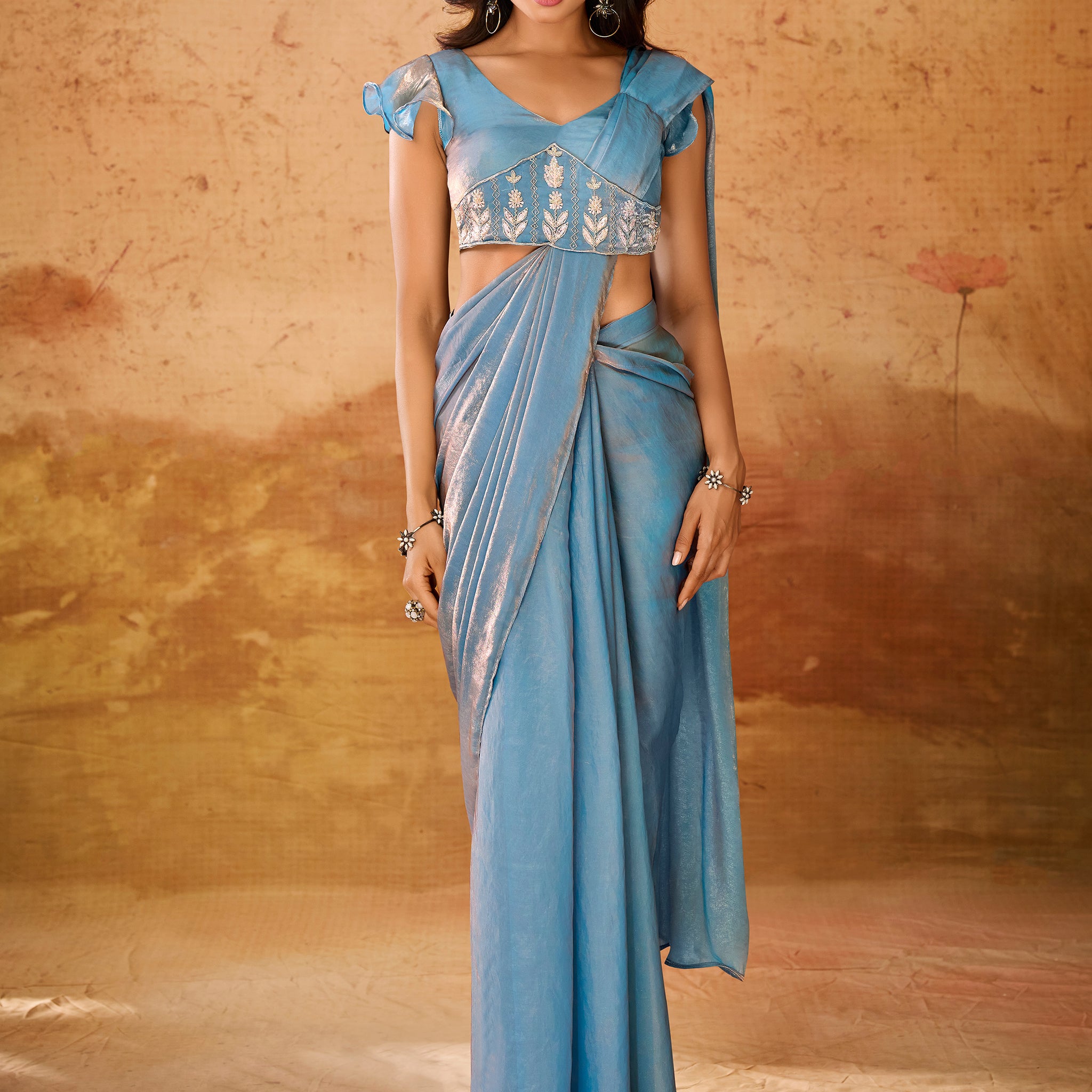 Charming Blue Organza Ready To Wear Saree With Blouse