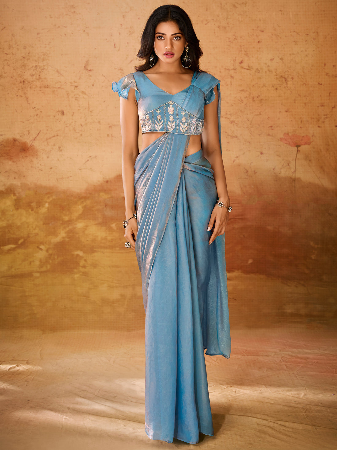 Charming Blue Organza Ready To Wear Saree With Blouse