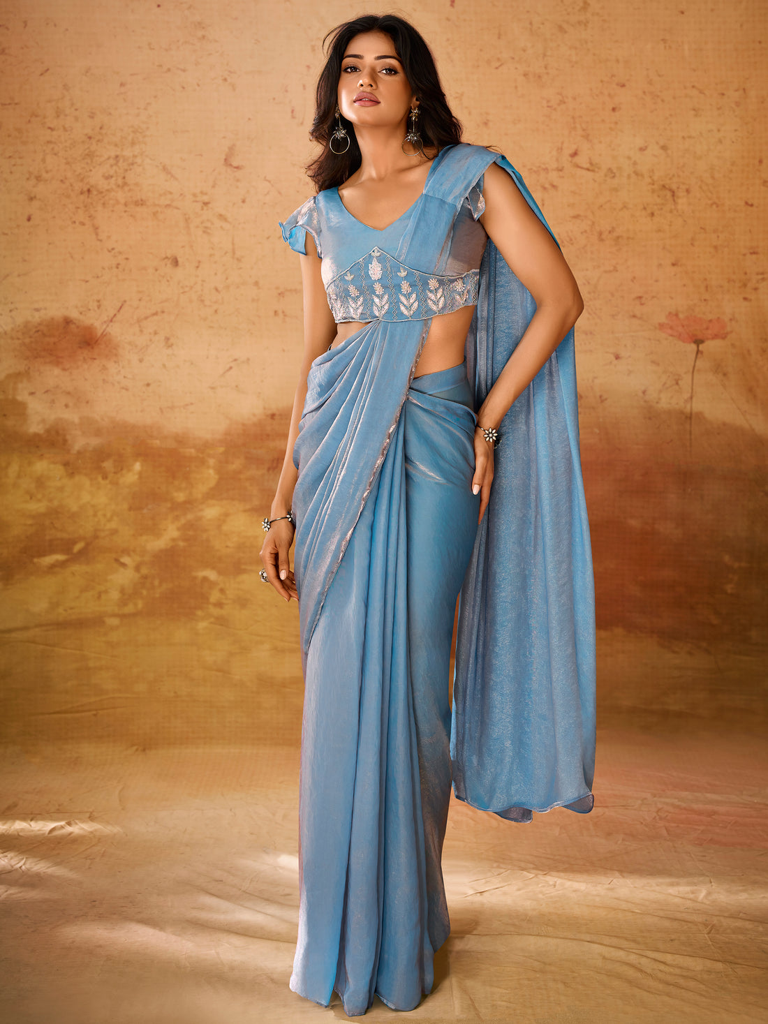 Charming Blue Organza Ready To Wear Saree With Blouse