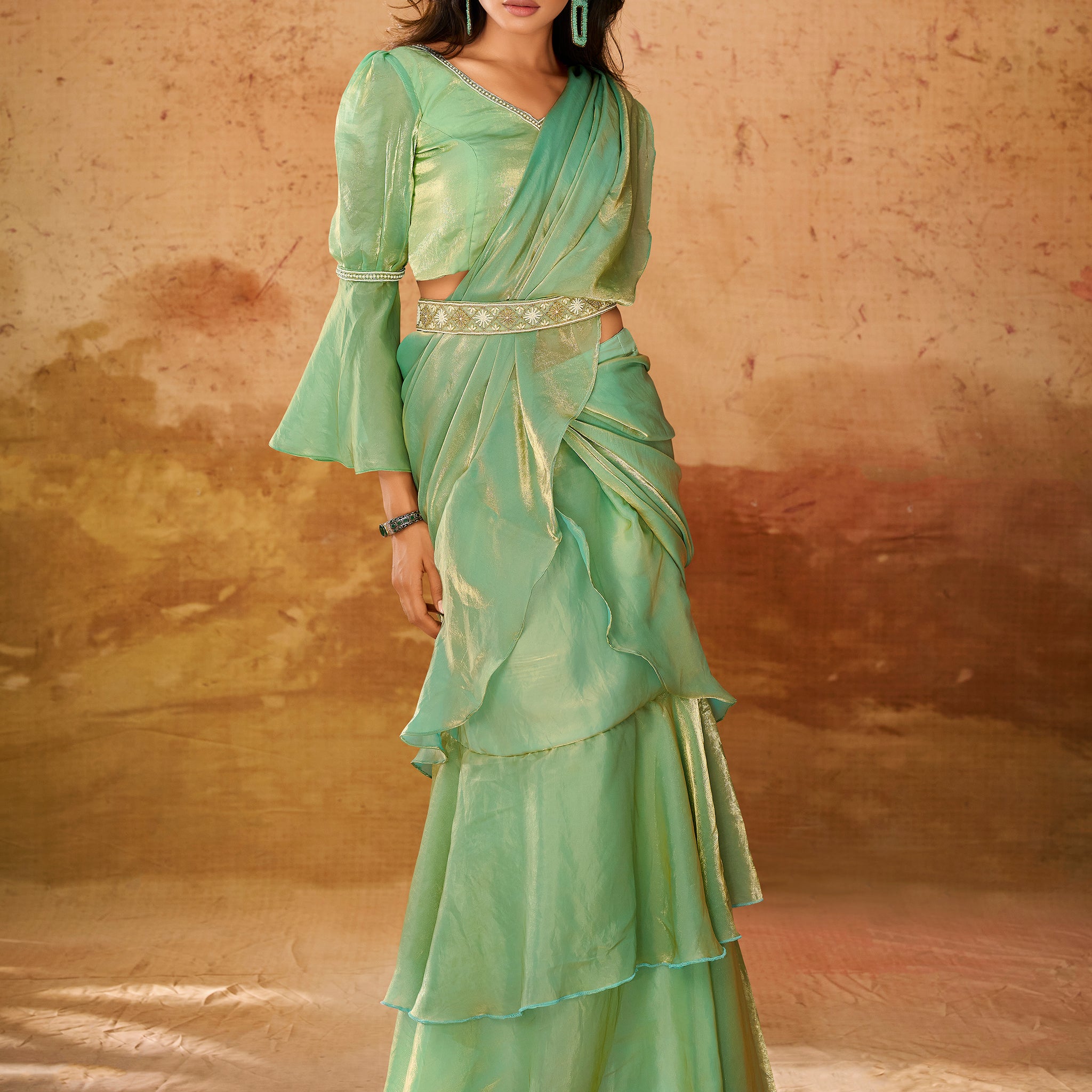 Beautiful Pista Green Organza Ready To Wear Ruffles Saree With Blouse