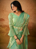 Beautiful Pista Green Organza Ready To Wear Ruffles Saree With Blouse