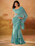 Stunning Sky-Blue Organza Ready To Wear Ruffles Saree With Blouse