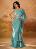 Stunning Sky-Blue Organza Ready To Wear Ruffles Saree With Blouse