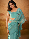 Stunning Sky-Blue Organza Ready To Wear Ruffles Saree With Blouse