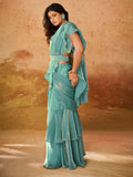 Stunning Sky-Blue Organza Ready To Wear Ruffles Saree With Blouse