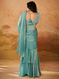 Stunning Sky-Blue Organza Ready To Wear Ruffles Saree With Blouse