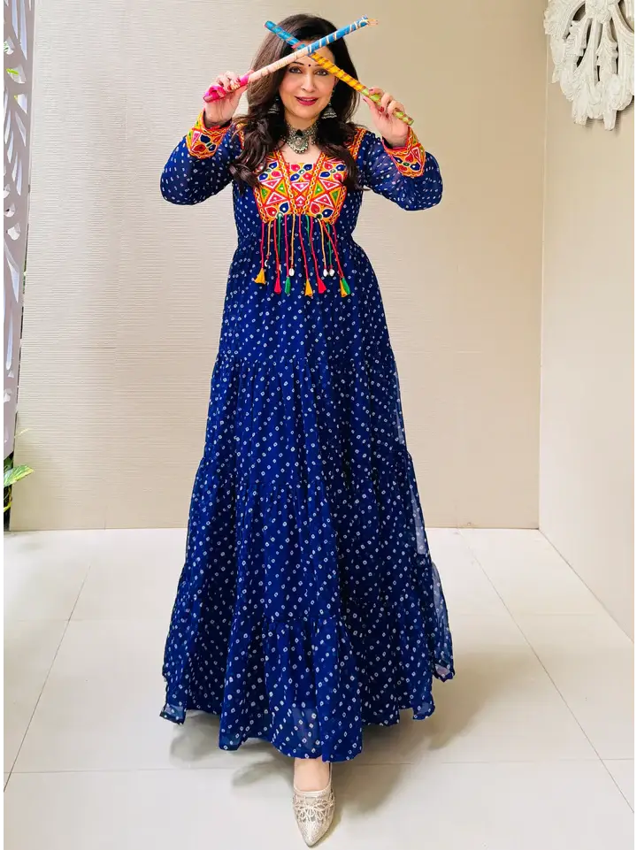 Alluring Blue Bandhani Printed Georgette Traditional Gown