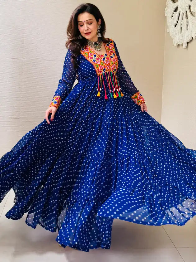 Alluring Blue Bandhani Printed Georgette Traditional Gown