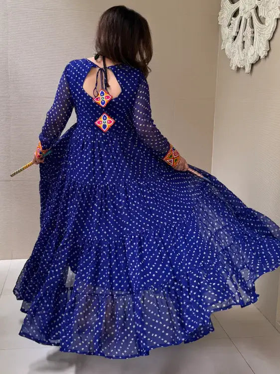 Alluring Blue Bandhani Printed Georgette Traditional Gown