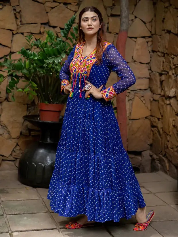 Alluring Blue Bandhani Printed Georgette Traditional Gown