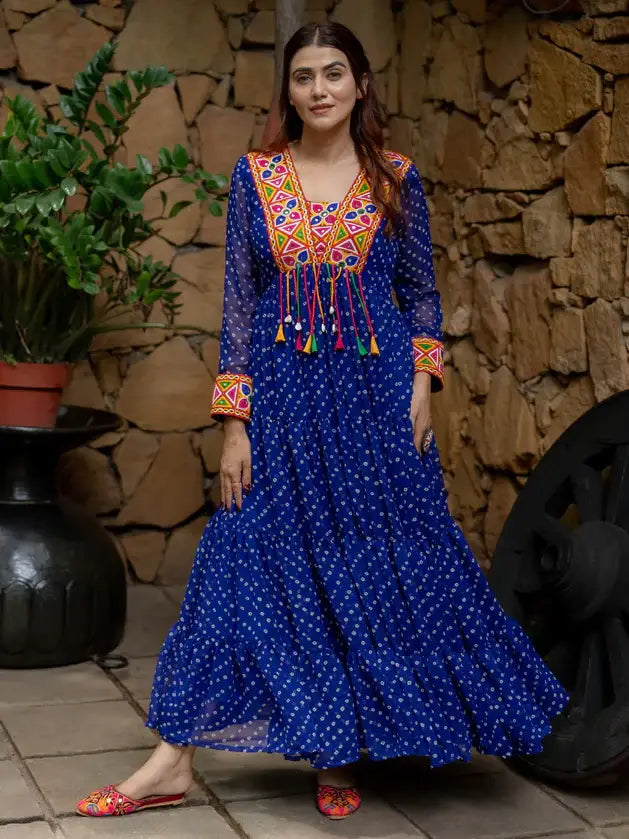 Alluring Blue Bandhani Printed Georgette Traditional Gown