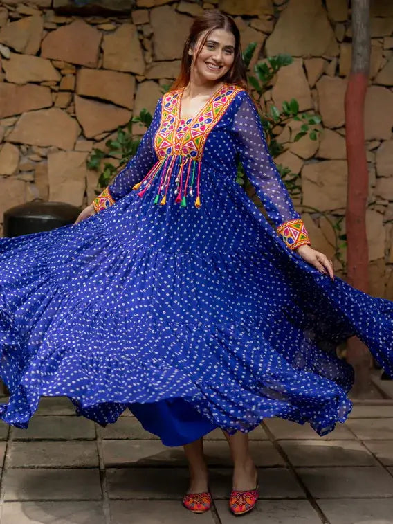 Alluring Blue Bandhani Printed Georgette Traditional Gown