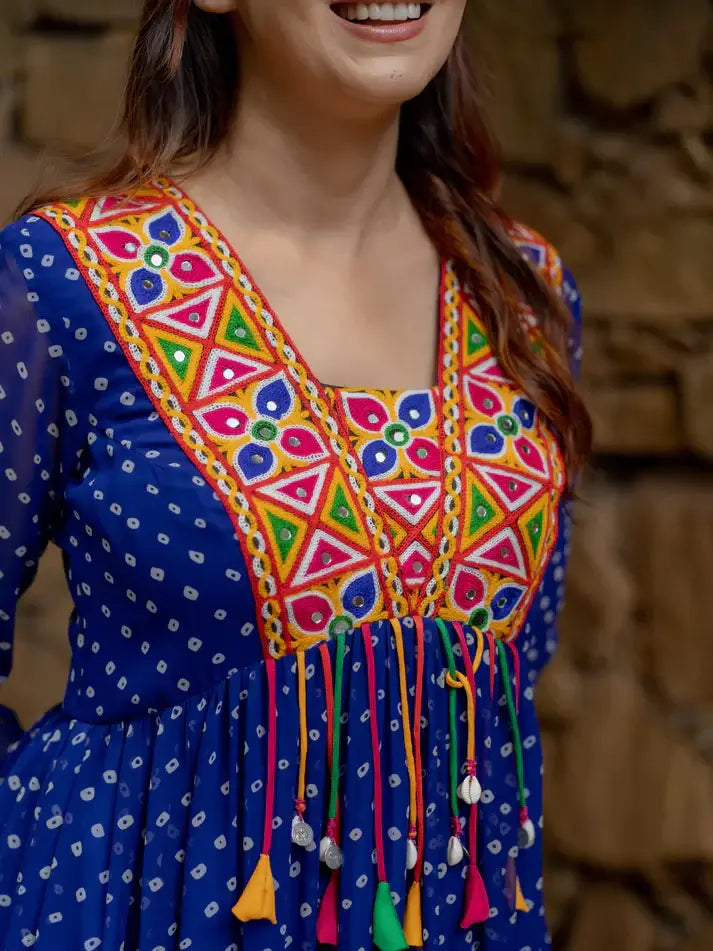 Alluring Blue Bandhani Printed Georgette Traditional Gown