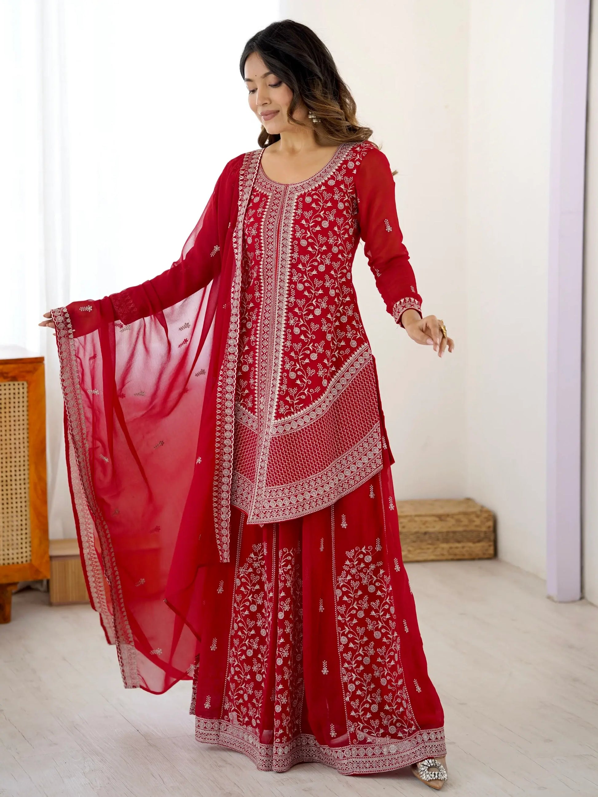 Lovely Red Thread Work Georgette Wedding Wear Palazzo Suit
