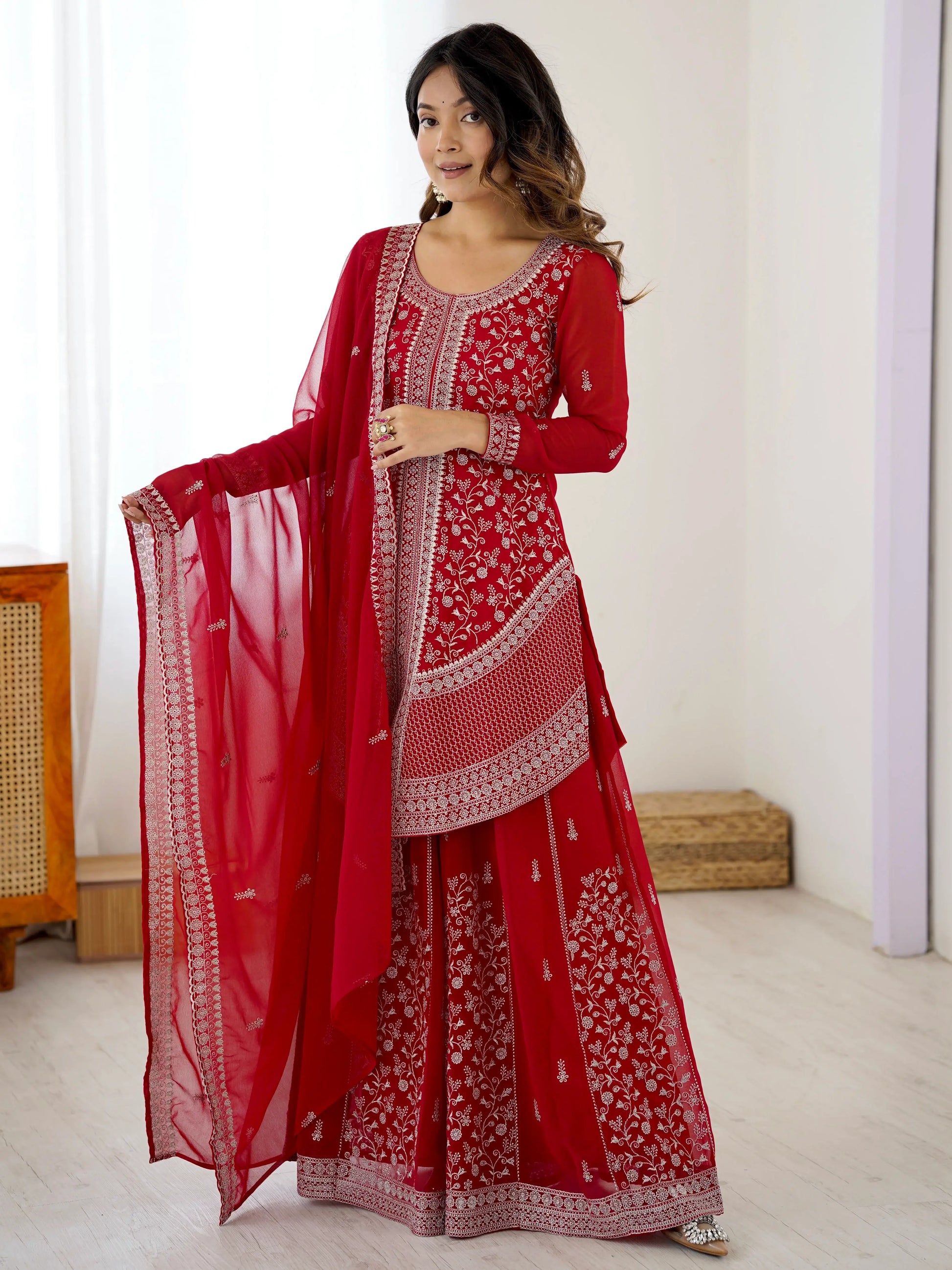 Lovely Red Thread Work Georgette Wedding Wear Palazzo Suit