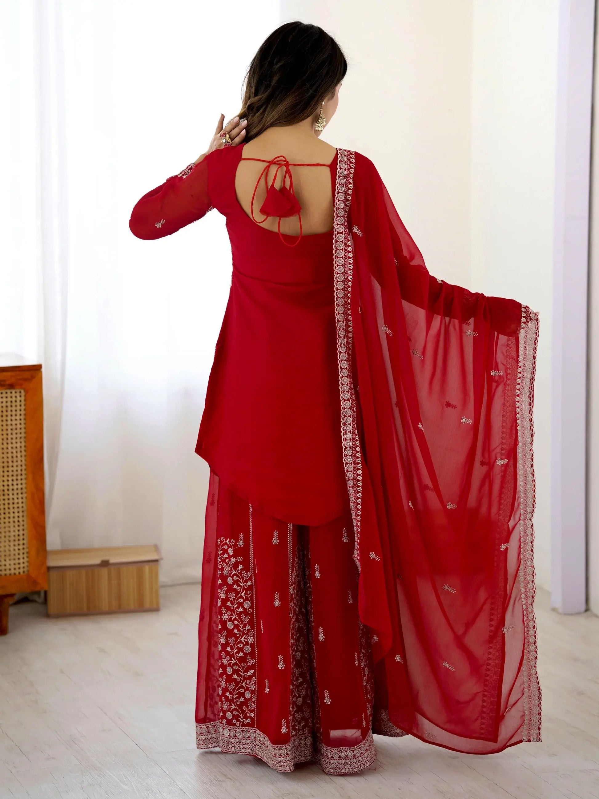 Lovely Red Thread Work Georgette Wedding Wear Palazzo Suit