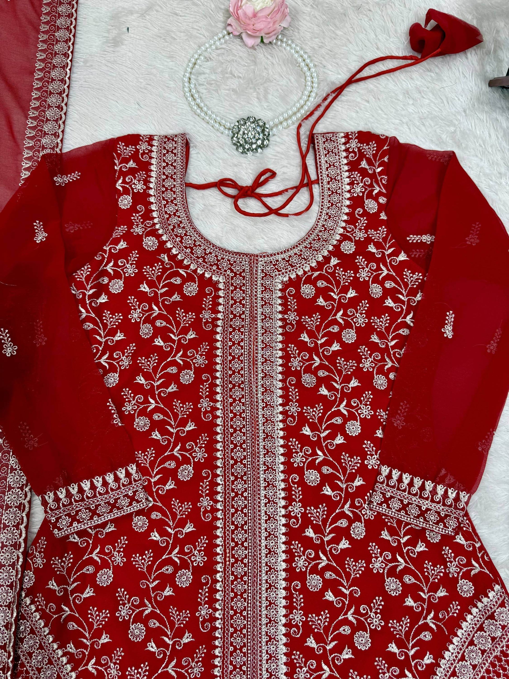 Lovely Red Thread Work Georgette Wedding Wear Palazzo Suit