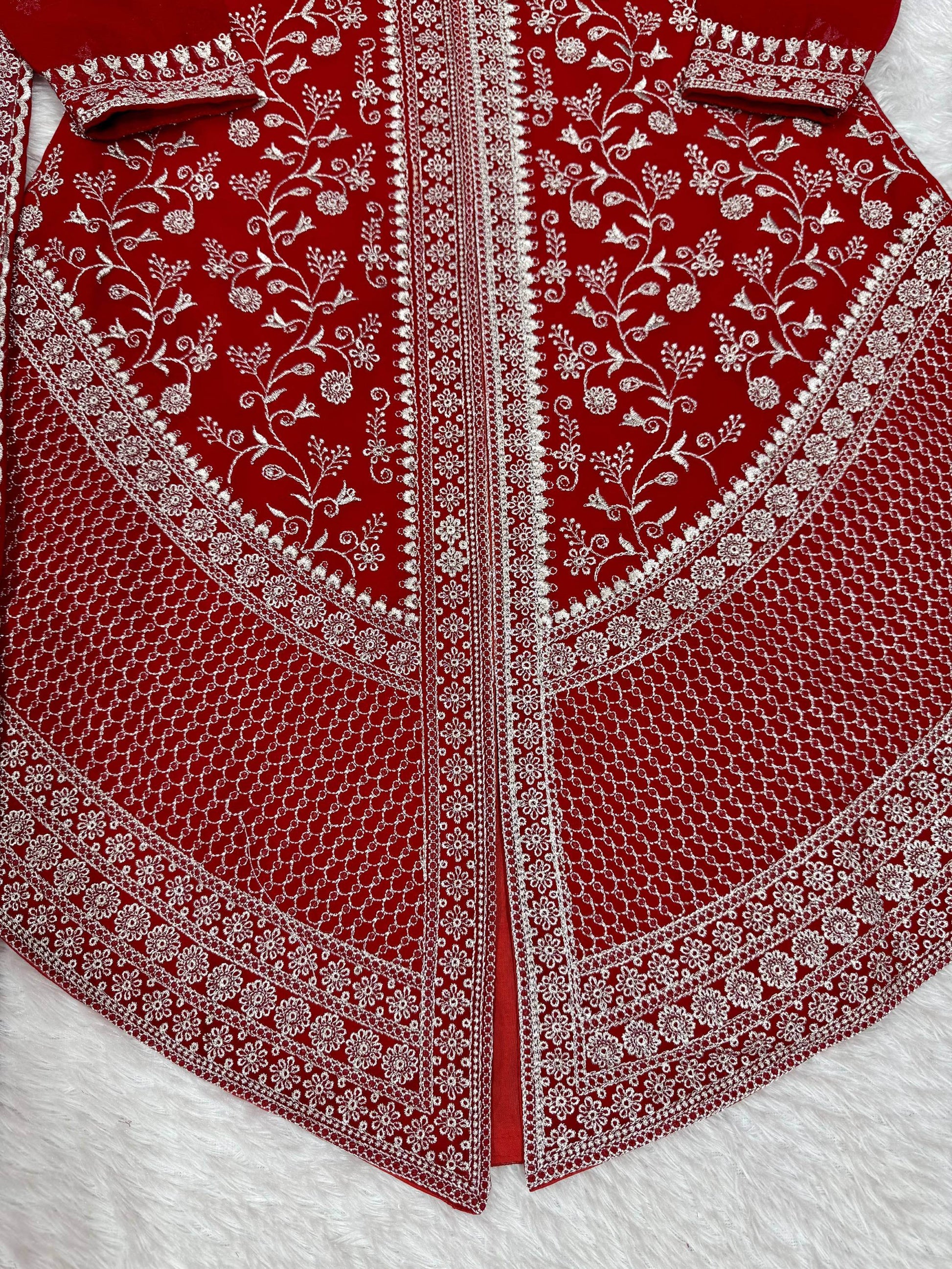 Lovely Red Thread Work Georgette Wedding Wear Palazzo Suit
