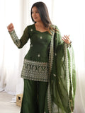 Stylish Green Embroidered Silk Festival Wear Palazzo Suit With Dupatta