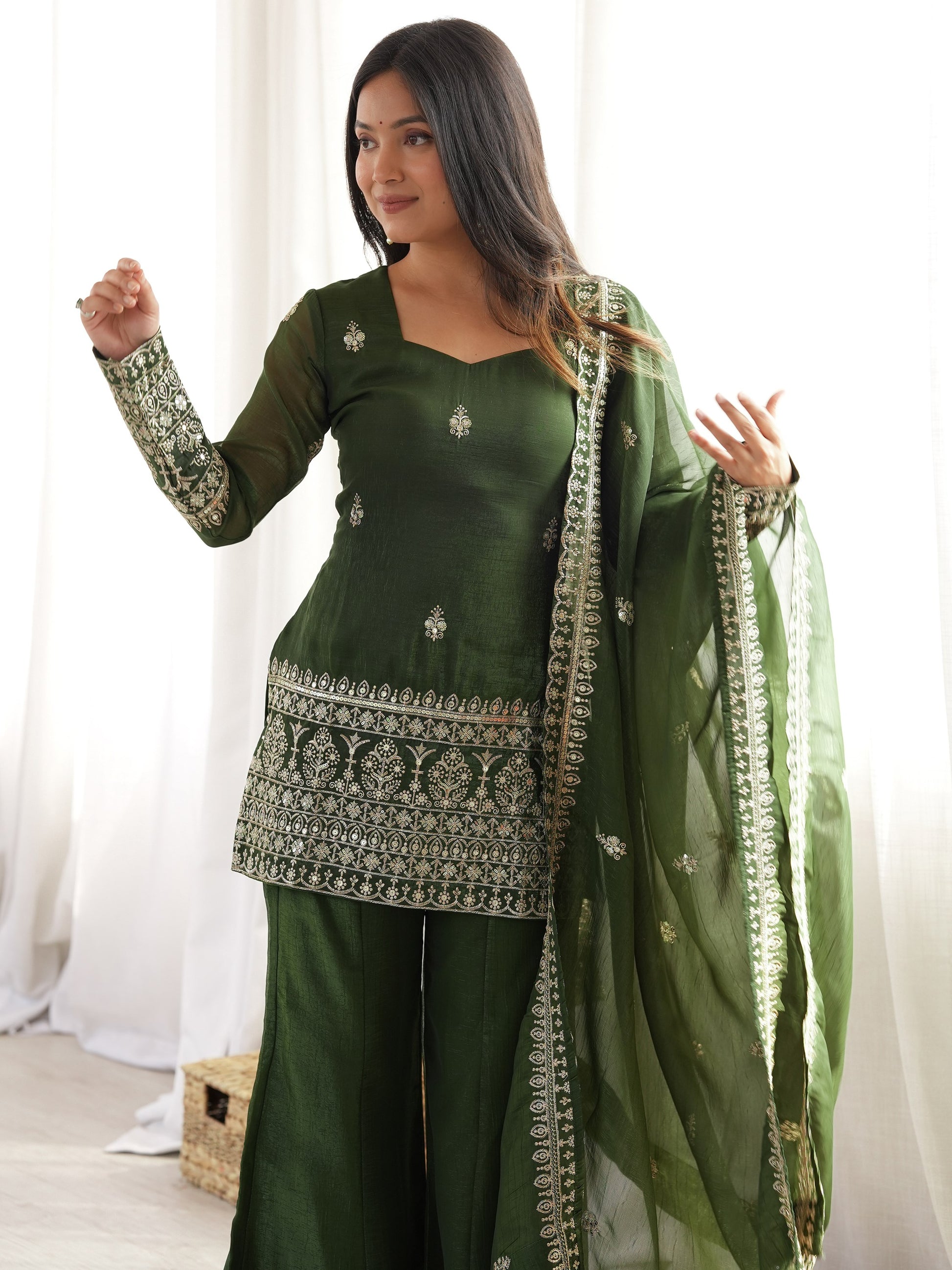 Stylish Green Embroidered Silk Festival Wear Palazzo Suit With Dupatta