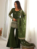 Stylish Green Embroidered Silk Festival Wear Palazzo Suit With Dupatta