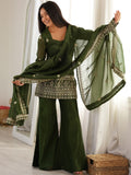 Stylish Green Embroidered Silk Festival Wear Palazzo Suit With Dupatta
