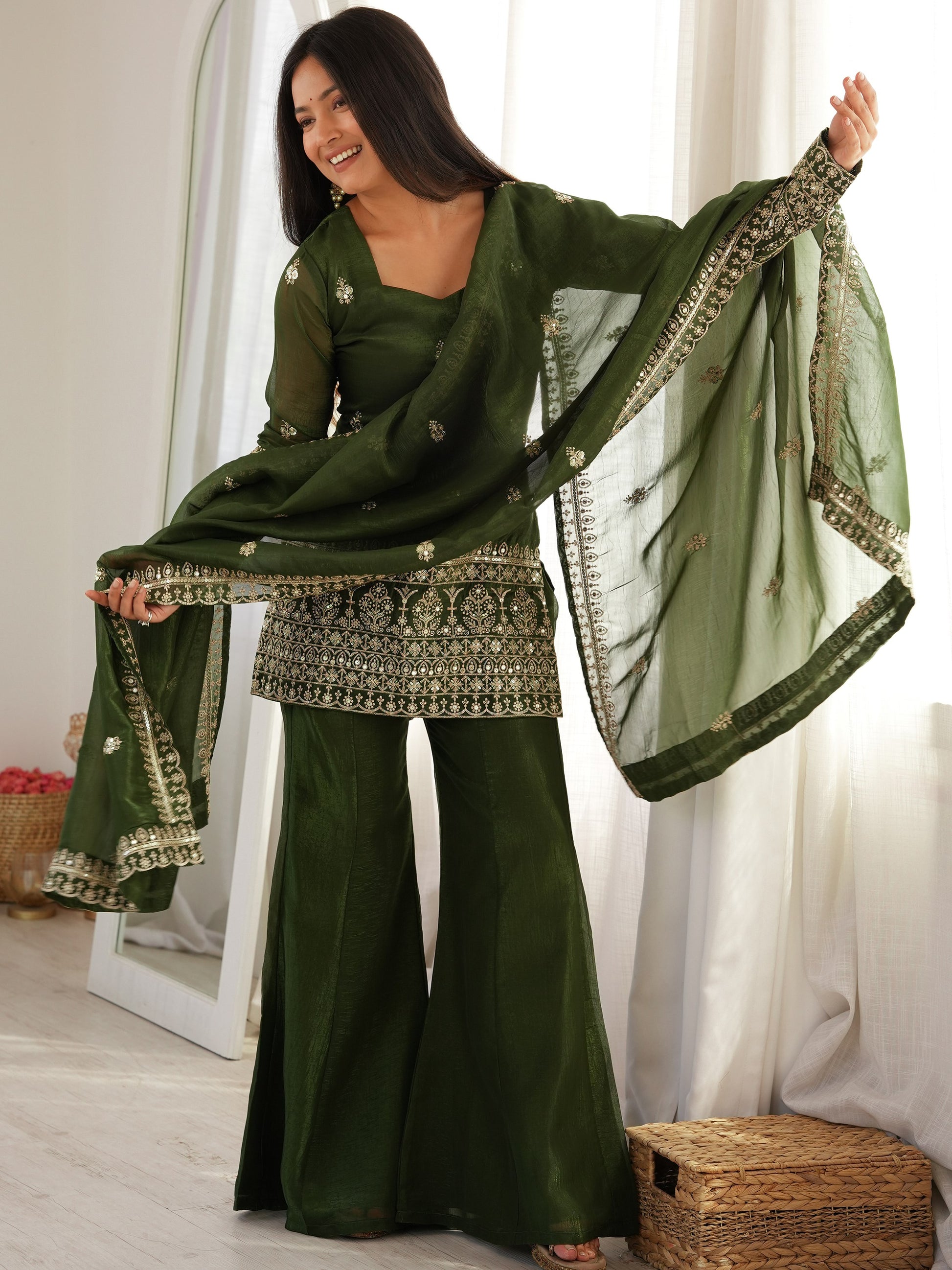 Stylish Green Embroidered Silk Festival Wear Palazzo Suit With Dupatta