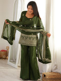 Stylish Green Embroidered Silk Festival Wear Palazzo Suit With Dupatta
